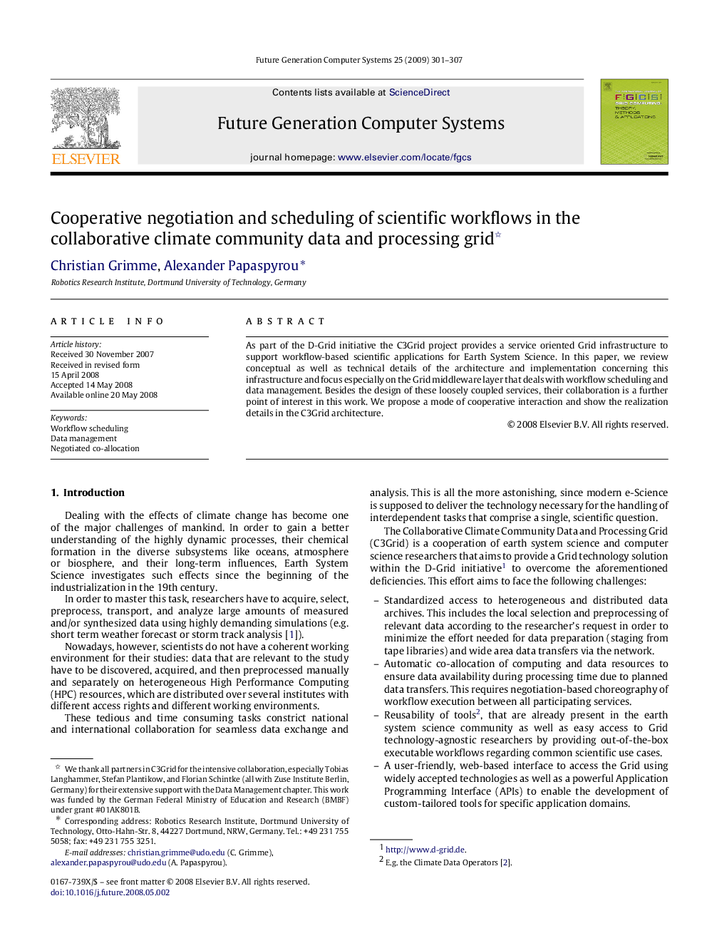 Cooperative negotiation and scheduling of scientific workflows in the collaborative climate community data and processing grid 