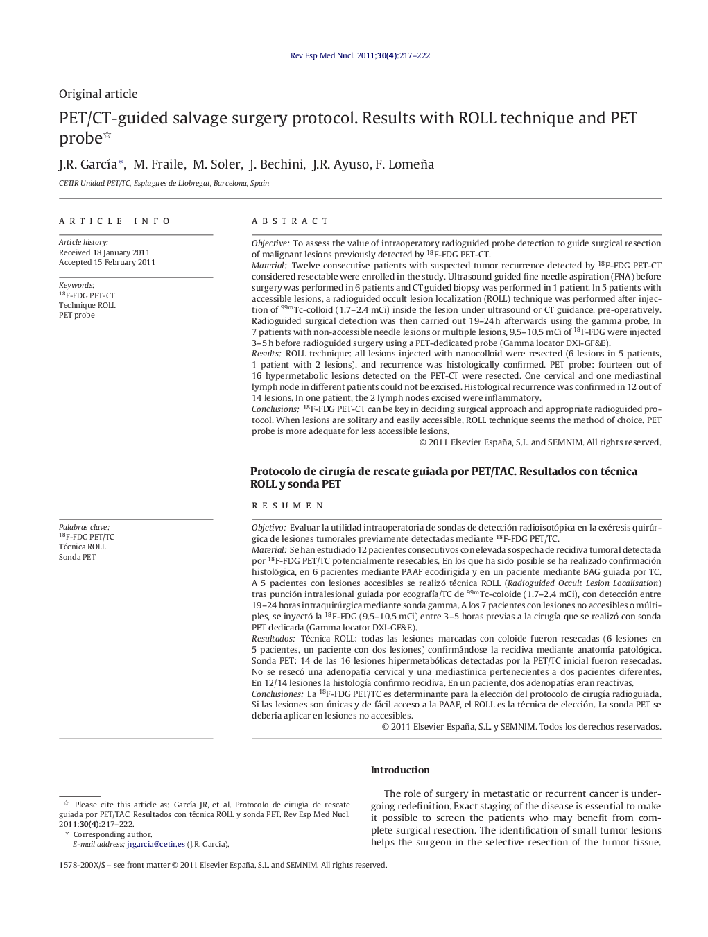 PET/CT-guided salvage surgery protocol. Results with ROLL technique and PET probe 