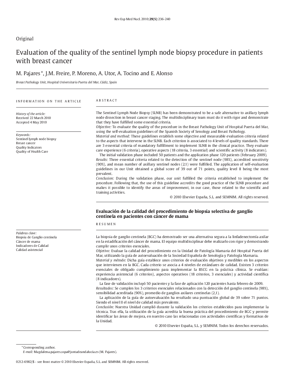 Evaluation of the quality of the sentinel lymph node biopsy procedure in patients with breast cancer