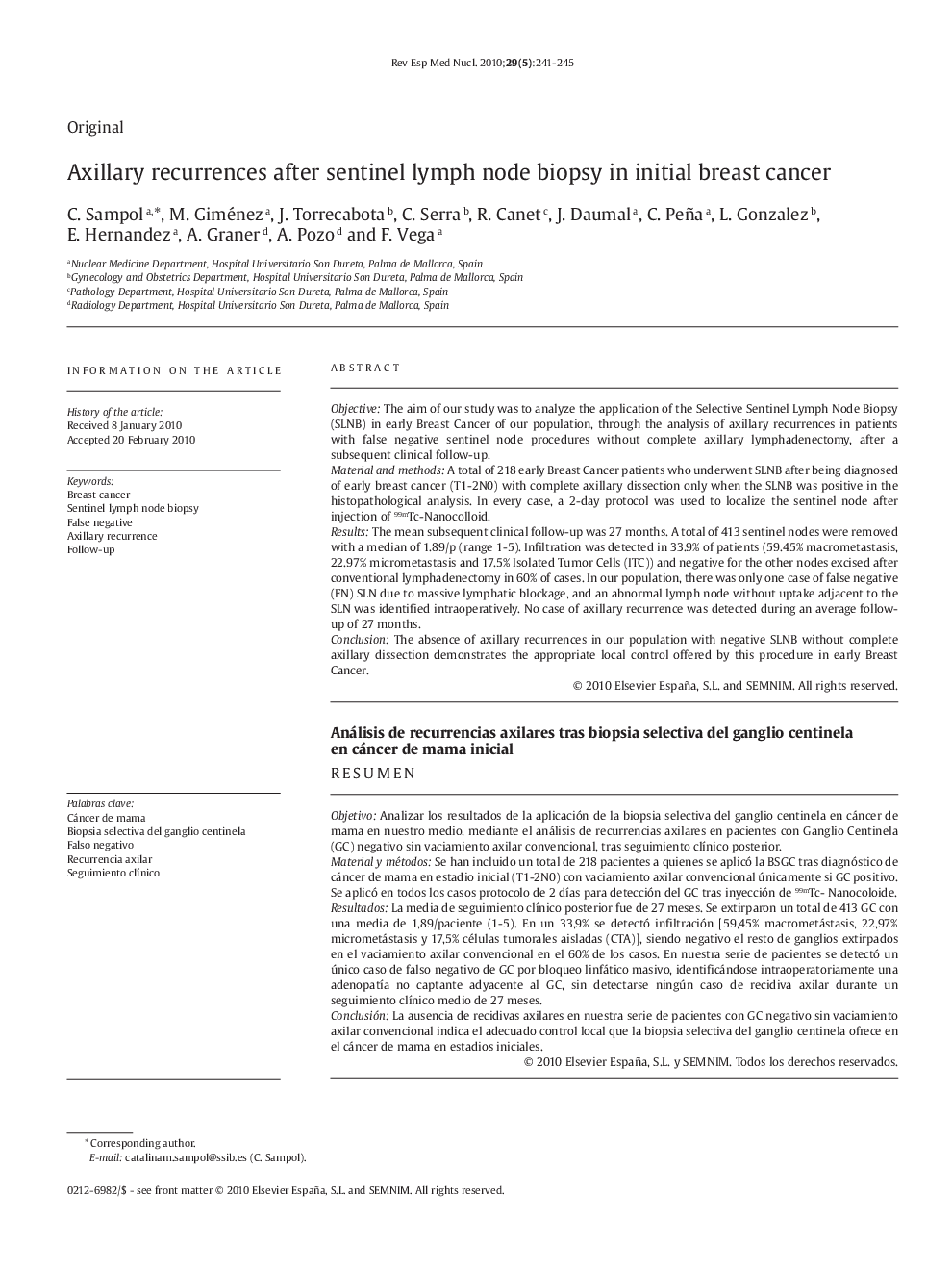 Axillary recurrences after sentinel lymph node biopsy in initial breast cancer