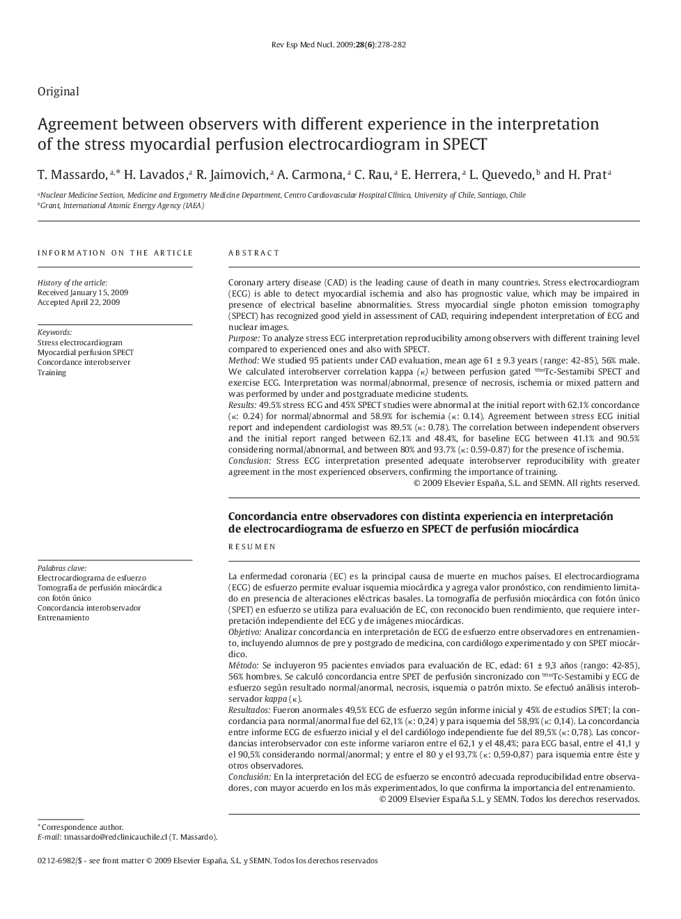 Agreement between observers with different experience in the interpretation of the stress myocardial perfusion electrocardiogram in SPECT