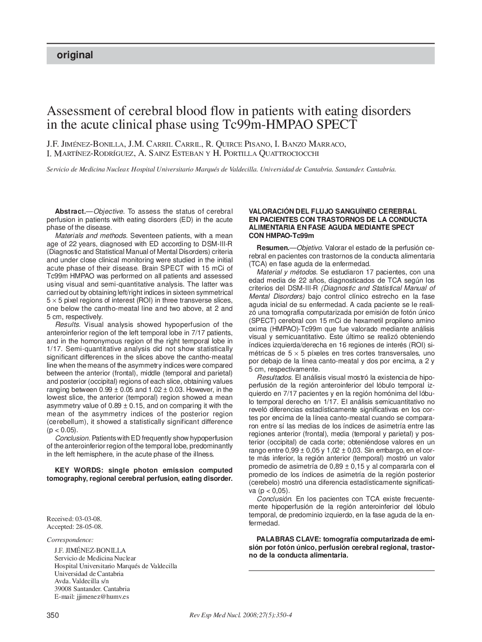 Assessment of cerebral blood flow in patients with eating disorders in the acute clinical phase using Tc99m-HMPAO SPECT