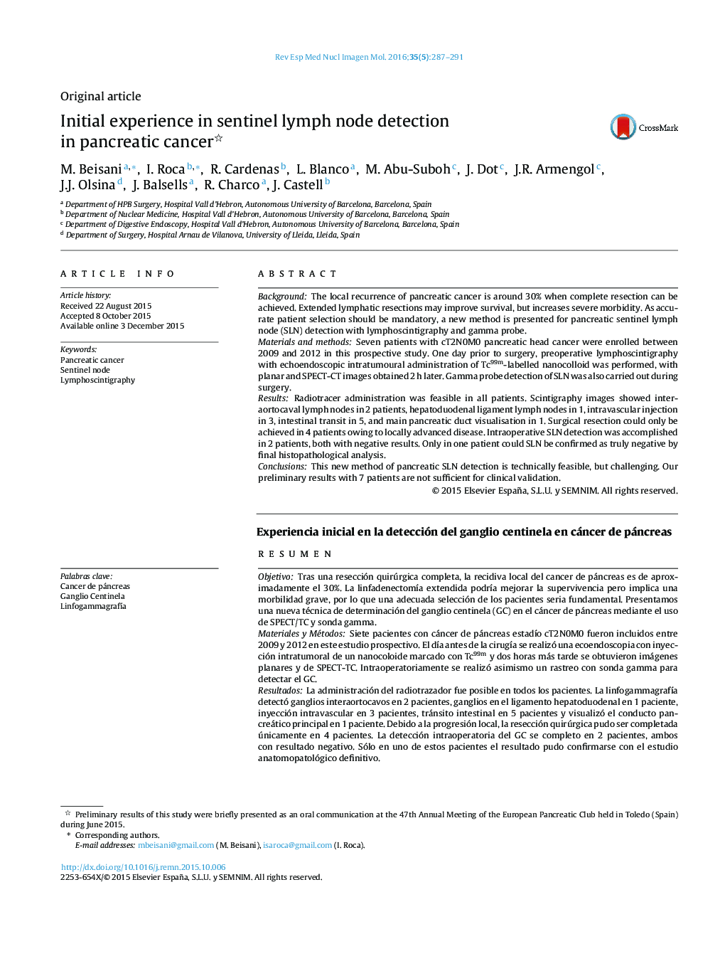 Initial experience in sentinel lymph node detection in pancreatic cancer 