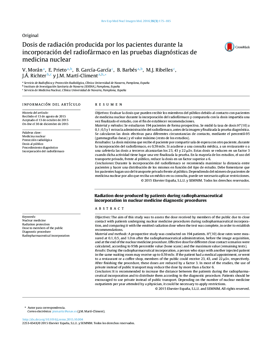 Dosis de radiación producida por los pacientes durante la incorporación del radiofármaco en las pruebas diagnósticas de medicina nuclear