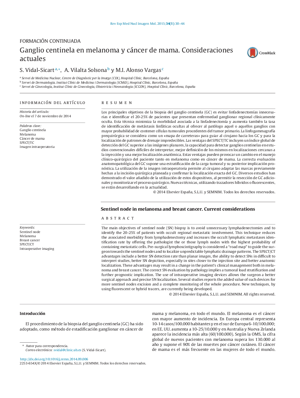 Ganglio centinela en melanoma y cáncer de mama. Consideraciones actuales