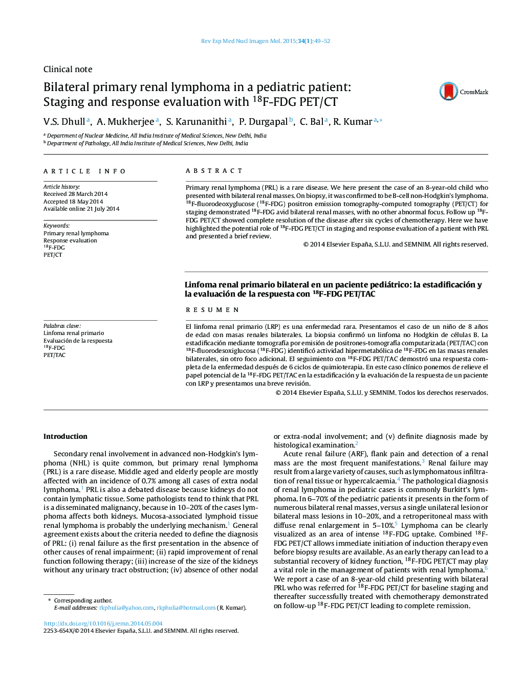 Bilateral primary renal lymphoma in a pediatric patient: Staging and response evaluation with 18F-FDG PET/CT