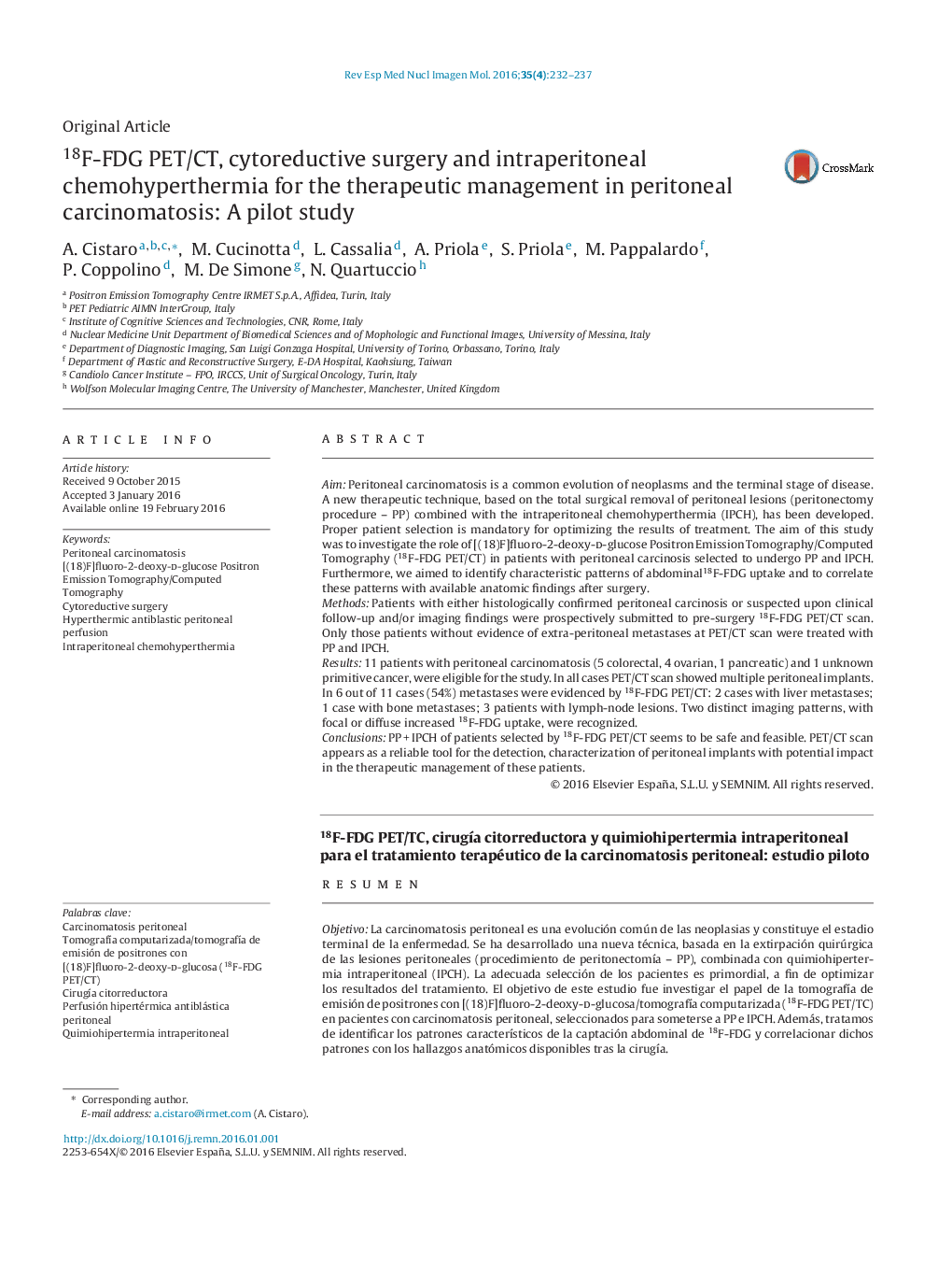 18F-FDG PET/CT, cytoreductive surgery and intraperitoneal chemohyperthermia for the therapeutic management in peritoneal carcinomatosis: A pilot study