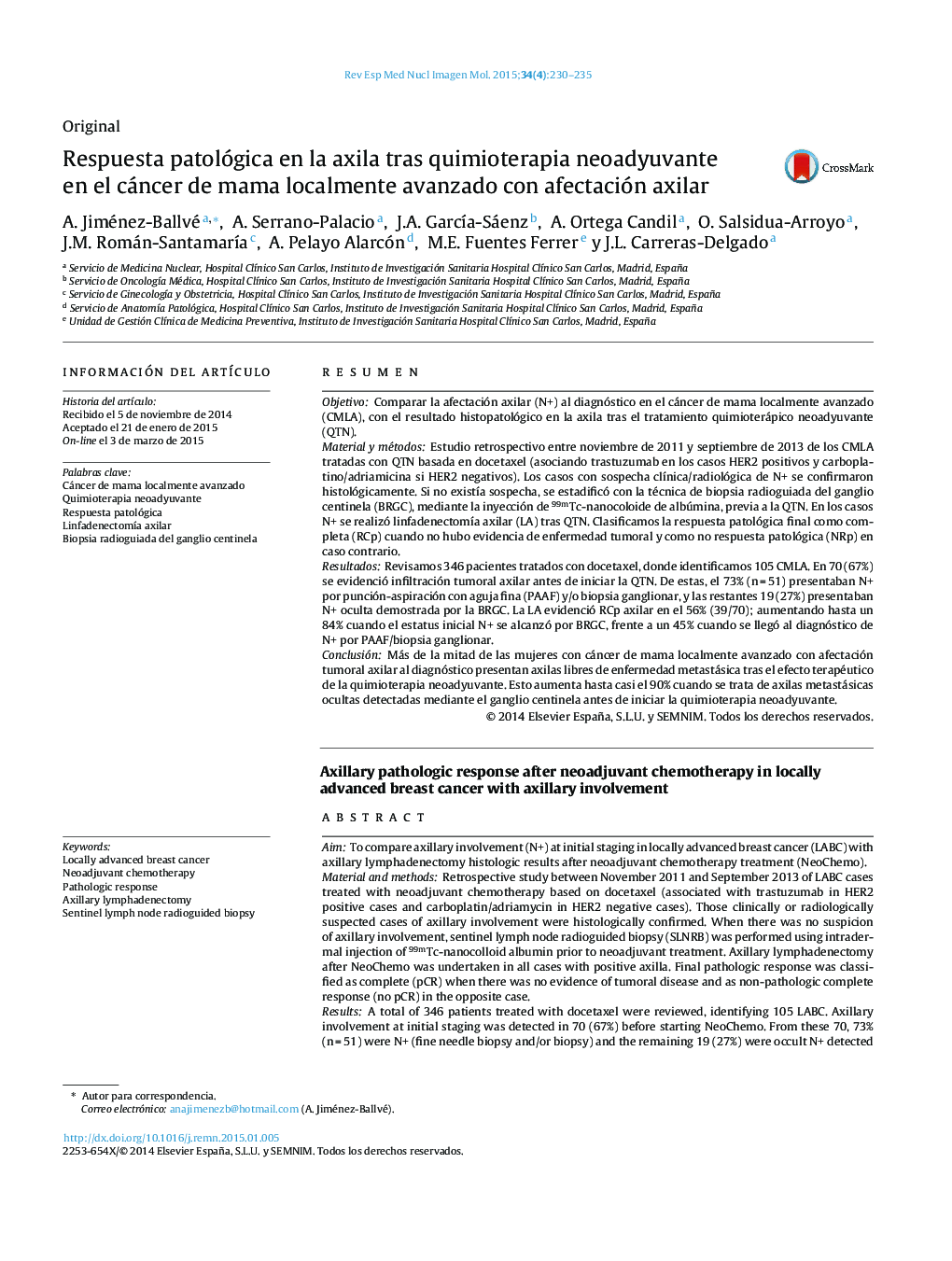 Respuesta patológica en la axila tras quimioterapia neoadyuvante en el cáncer de mama localmente avanzado con afectación axilar