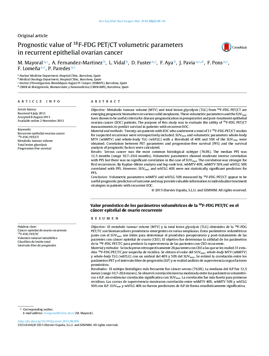 Prognostic value of 18F-FDG PET/CT volumetric parameters in recurrent epithelial ovarian cancer