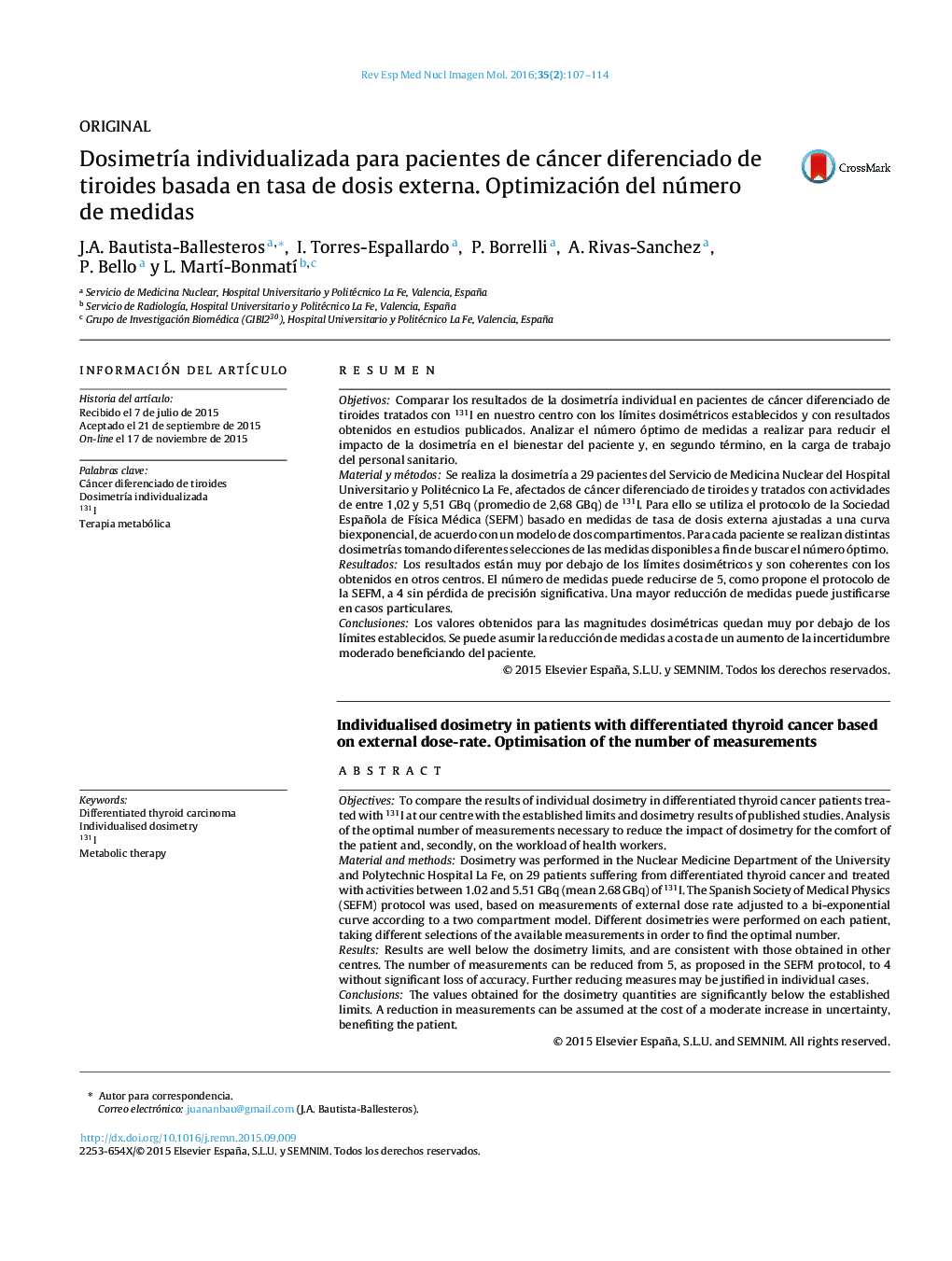 Dosimetría individualizada para pacientes de cáncer diferenciado de tiroides basada en tasa de dosis externa. Optimización del número de medidas