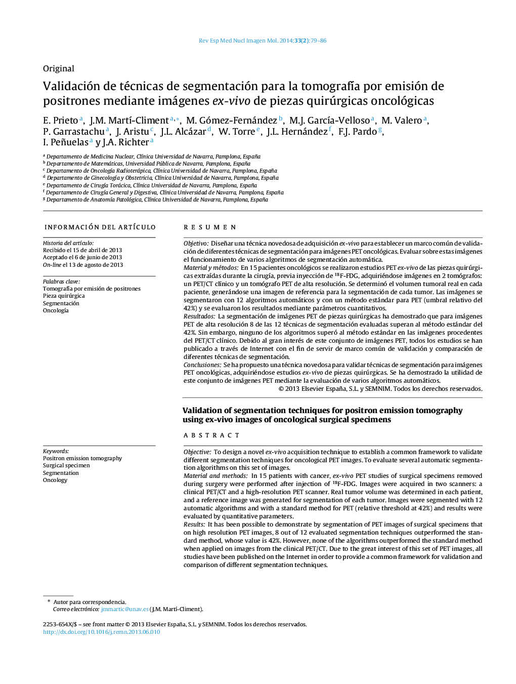 Validación de técnicas de segmentación para la tomografÃ­a por emisión de positrones mediante imágenes ex-vivo de piezas quirúrgicas oncológicas