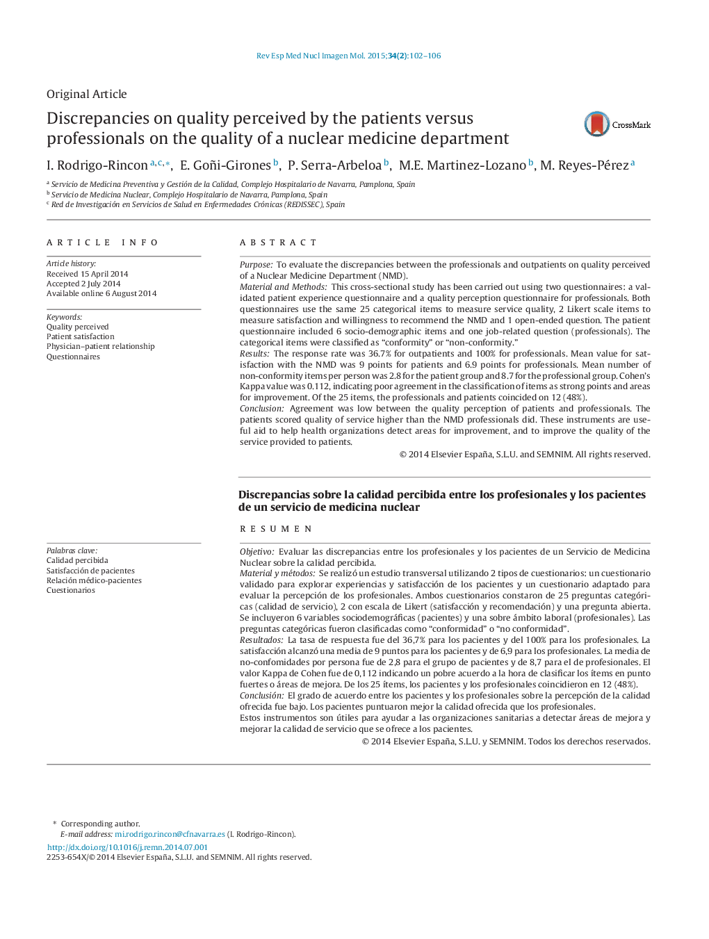 Discrepancies on quality perceived by the patients versus professionals on the quality of a nuclear medicine department