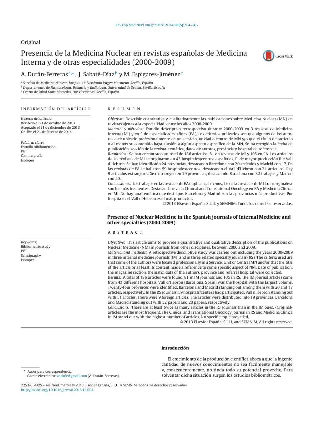 Presencia de la Medicina Nuclear en revistas españolas de Medicina Interna y de otras especialidades (2000-2009)