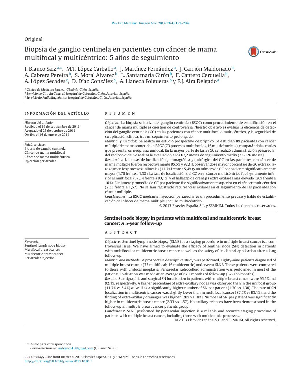 Biopsia de ganglio centinela en pacientes con cáncer de mama multifocal y multicéntrico: 5 años de seguimiento