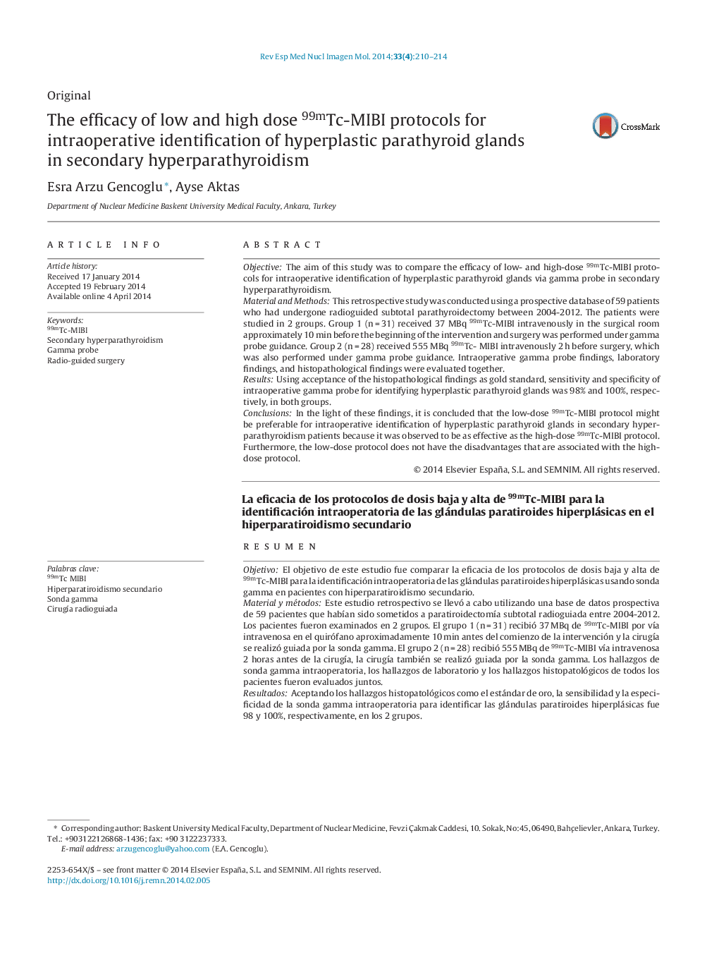 The efficacy of low and high dose 99mTc-MIBI protocols for intraoperative identification of hyperplastic parathyroid glands in secondary hyperparathyroidism