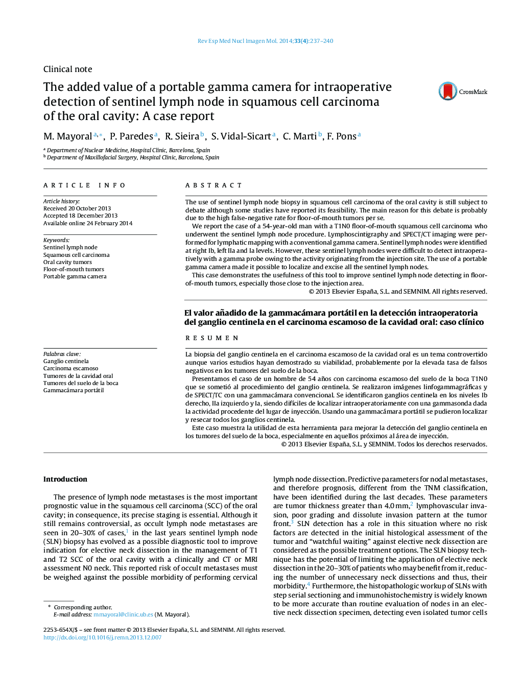 The added value of a portable gamma camera for intraoperative detection of sentinel lymph node in squamous cell carcinoma of the oral cavity: A case report