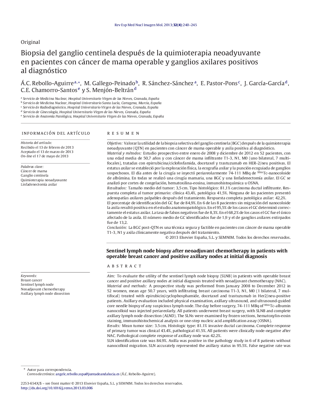 Biopsia del ganglio centinela después de la quimioterapia neoadyuvante en pacientes con cáncer de mama operable y ganglios axilares positivos al diagnóstico