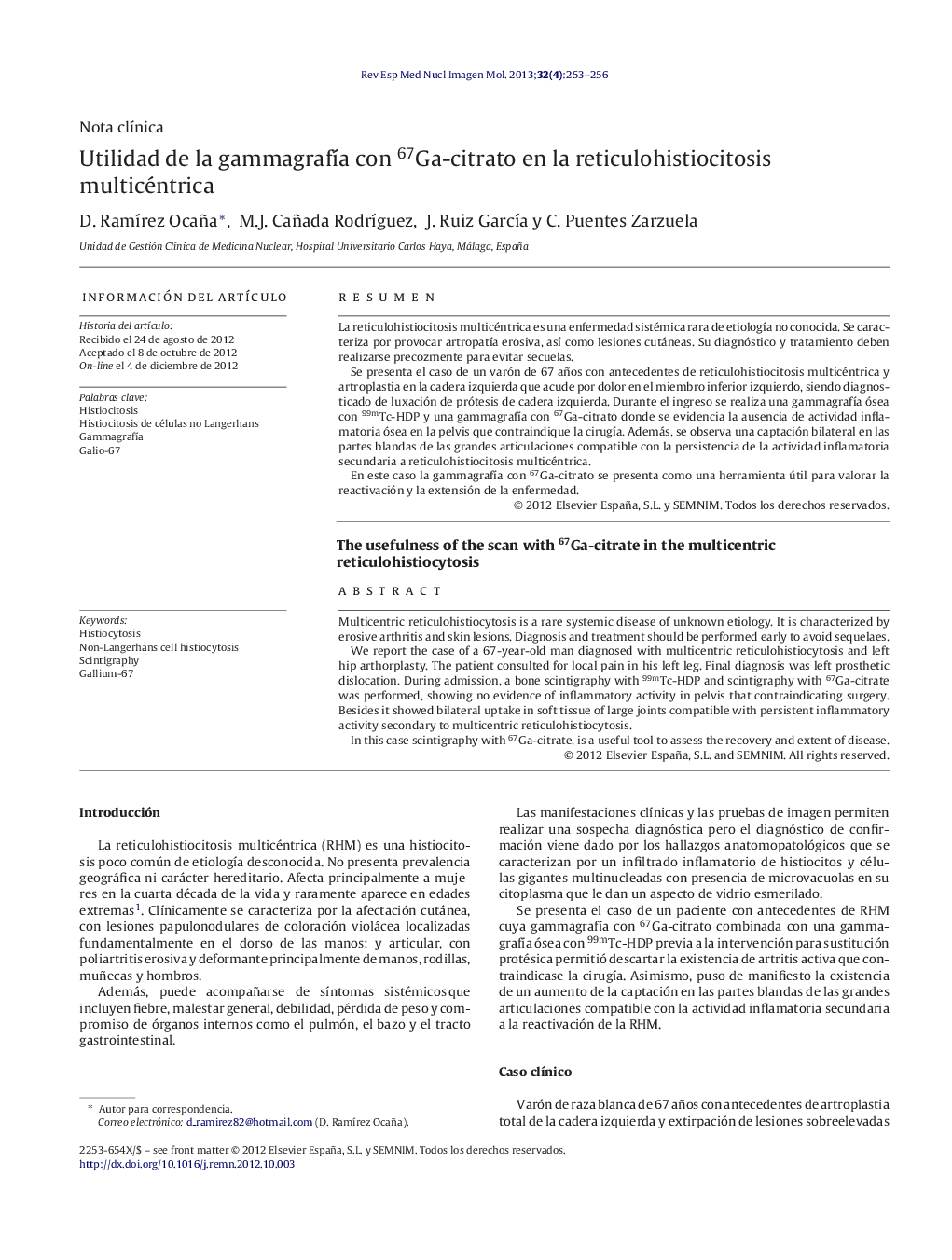 Utilidad de la gammagrafía con 67Ga-citrato en la reticulohistiocitosis multicéntrica