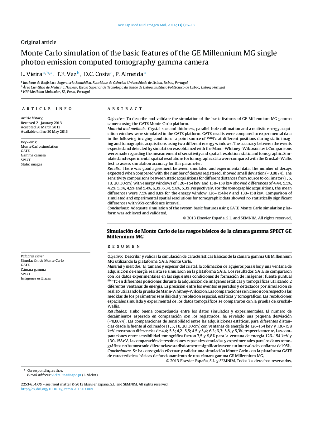 Monte Carlo simulation of the basic features of the GE Millennium MG single photon emission computed tomography gamma camera