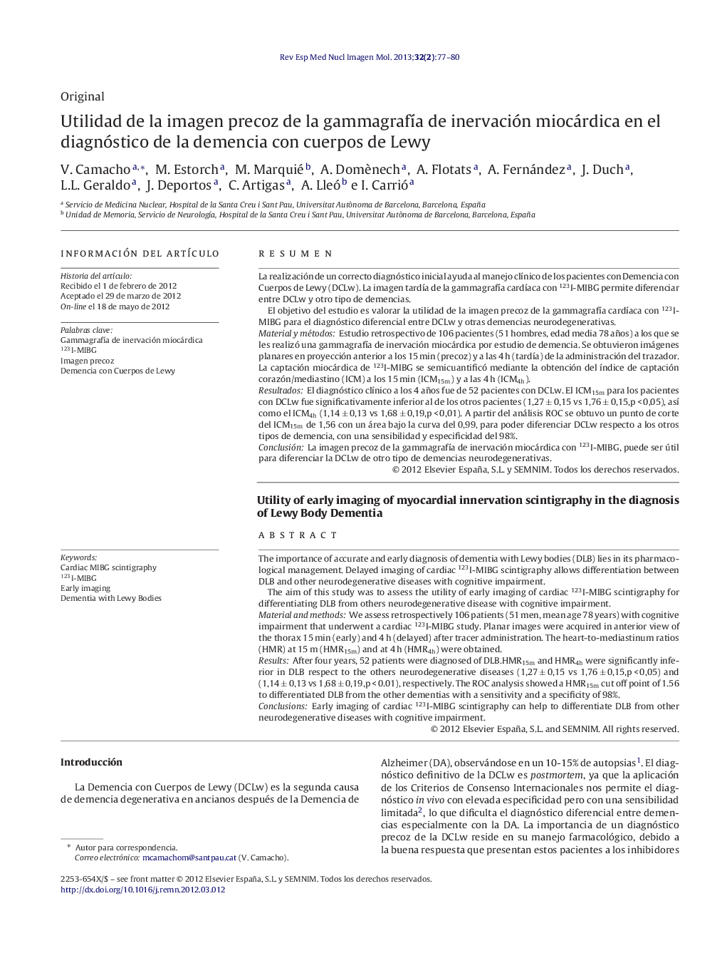 Utilidad de la imagen precoz de la gammagrafía de inervación miocárdica en el diagnóstico de la demencia con cuerpos de Lewy