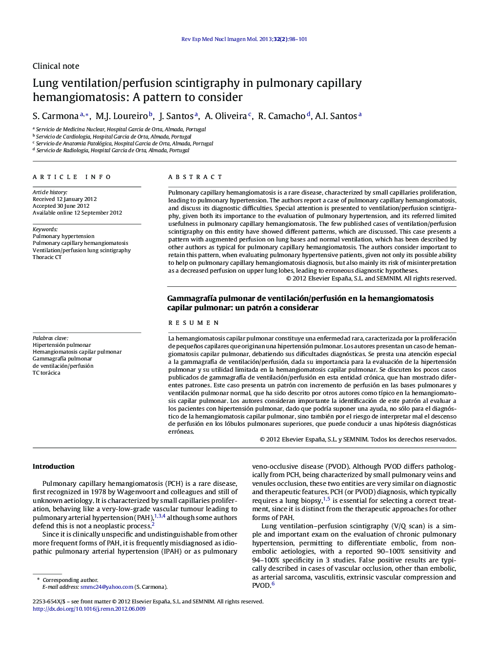 Lung ventilation/perfusion scintigraphy in pulmonary capillary hemangiomatosis: A pattern to consider