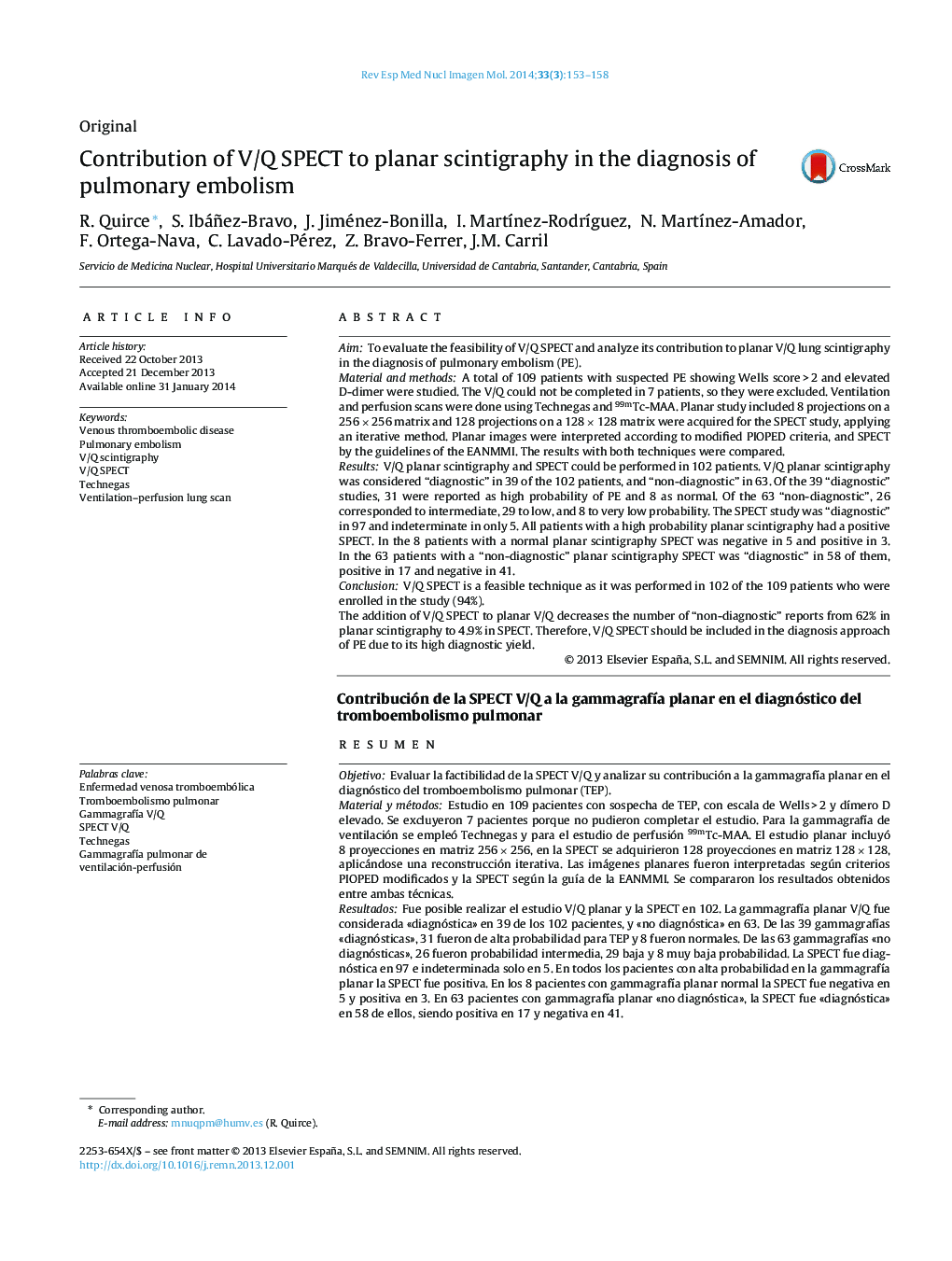 Contribution of V/Q SPECT to planar scintigraphy in the diagnosis of pulmonary embolism