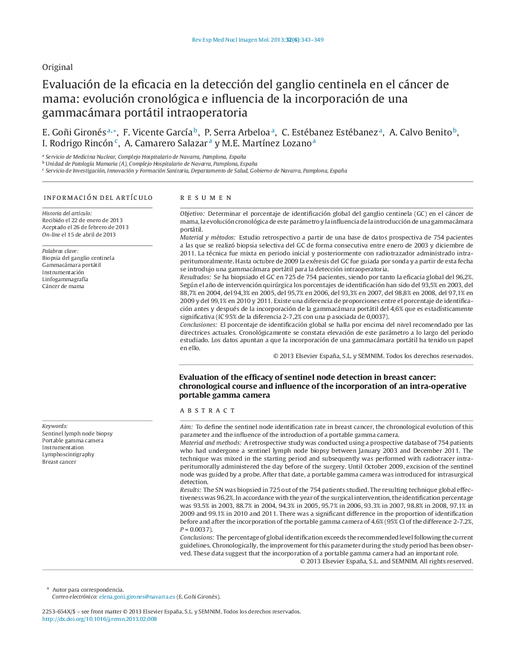 Evaluación de la eficacia en la detección del ganglio centinela en el cáncer de mama: evolución cronológica e influencia de la incorporación de una gammacámara portátil intraoperatoria