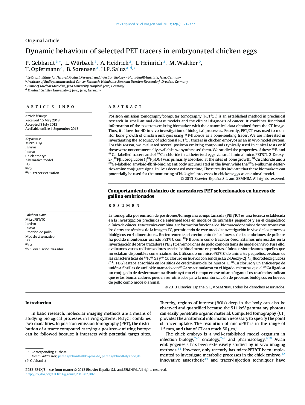 Dynamic behaviour of selected PET tracers in embryonated chicken eggs