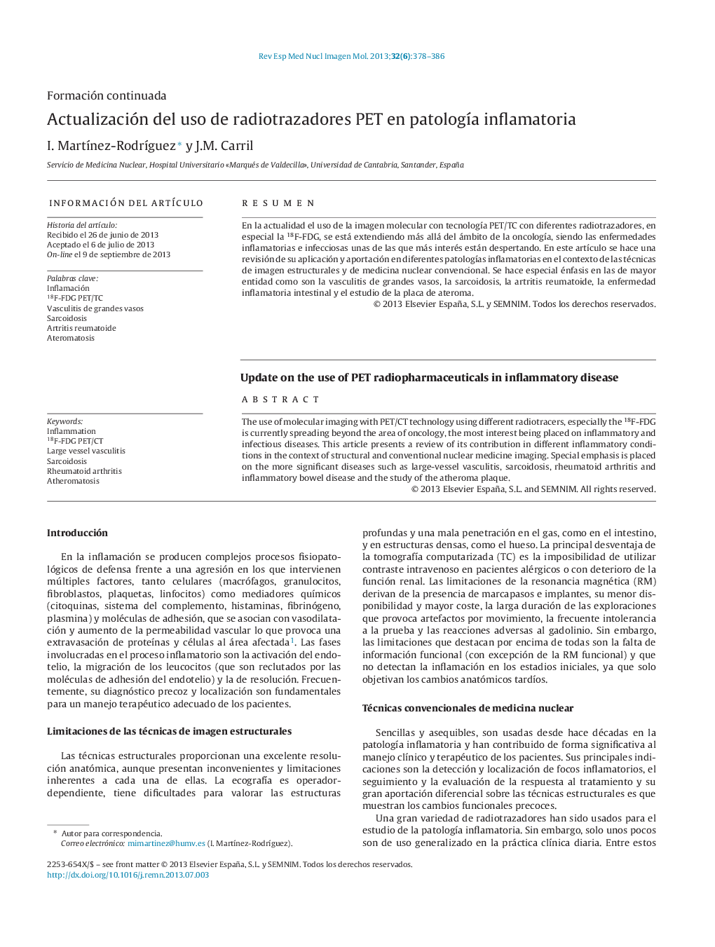 Actualización del uso de radiotrazadores PET en patología inflamatoria