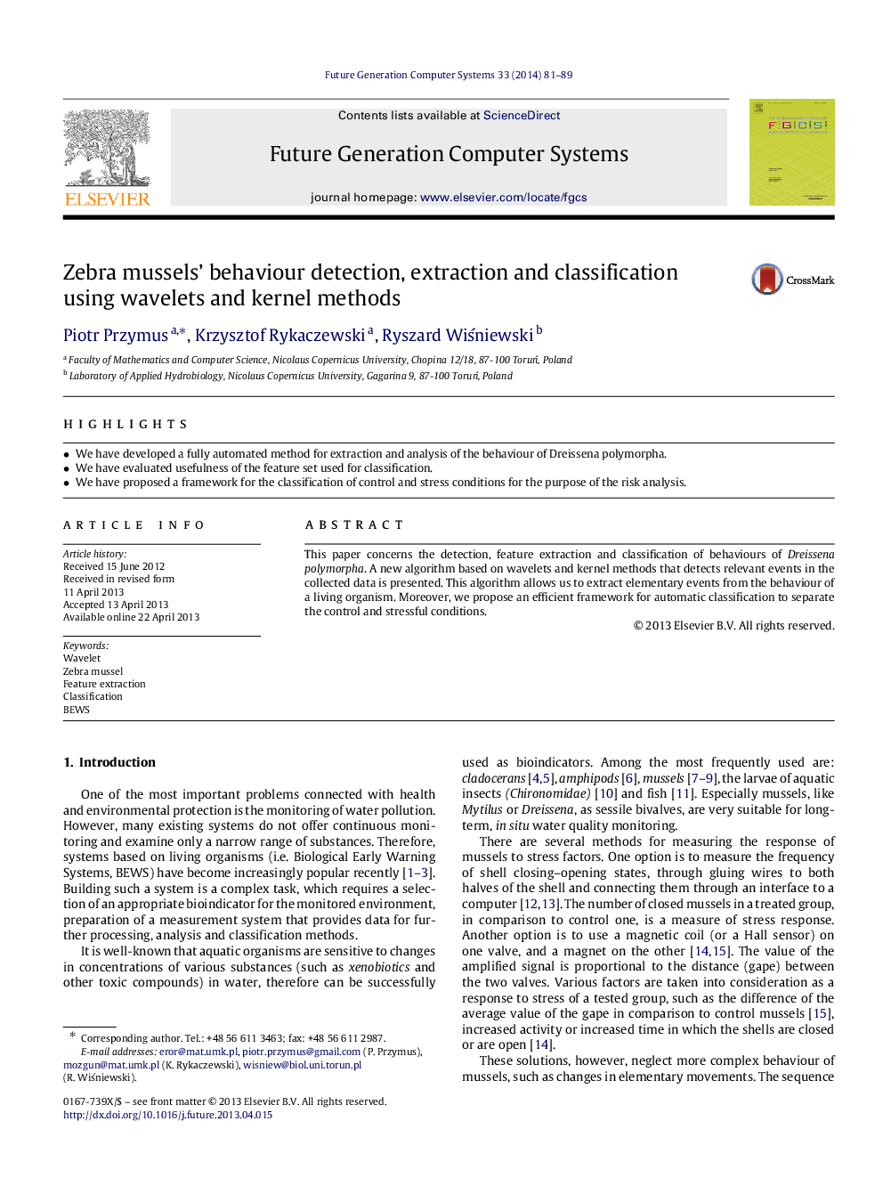 Zebra mussels’ behaviour detection, extraction and classification using wavelets and kernel methods