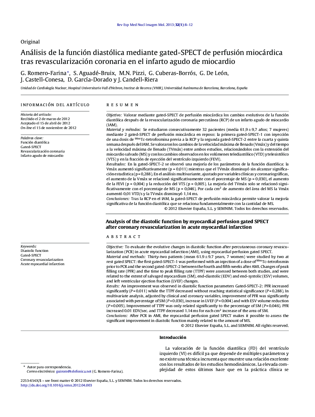 Análisis de la función diastólica mediante gated-SPECT de perfusión miocárdica tras revascularización coronaria en el infarto agudo de miocardio