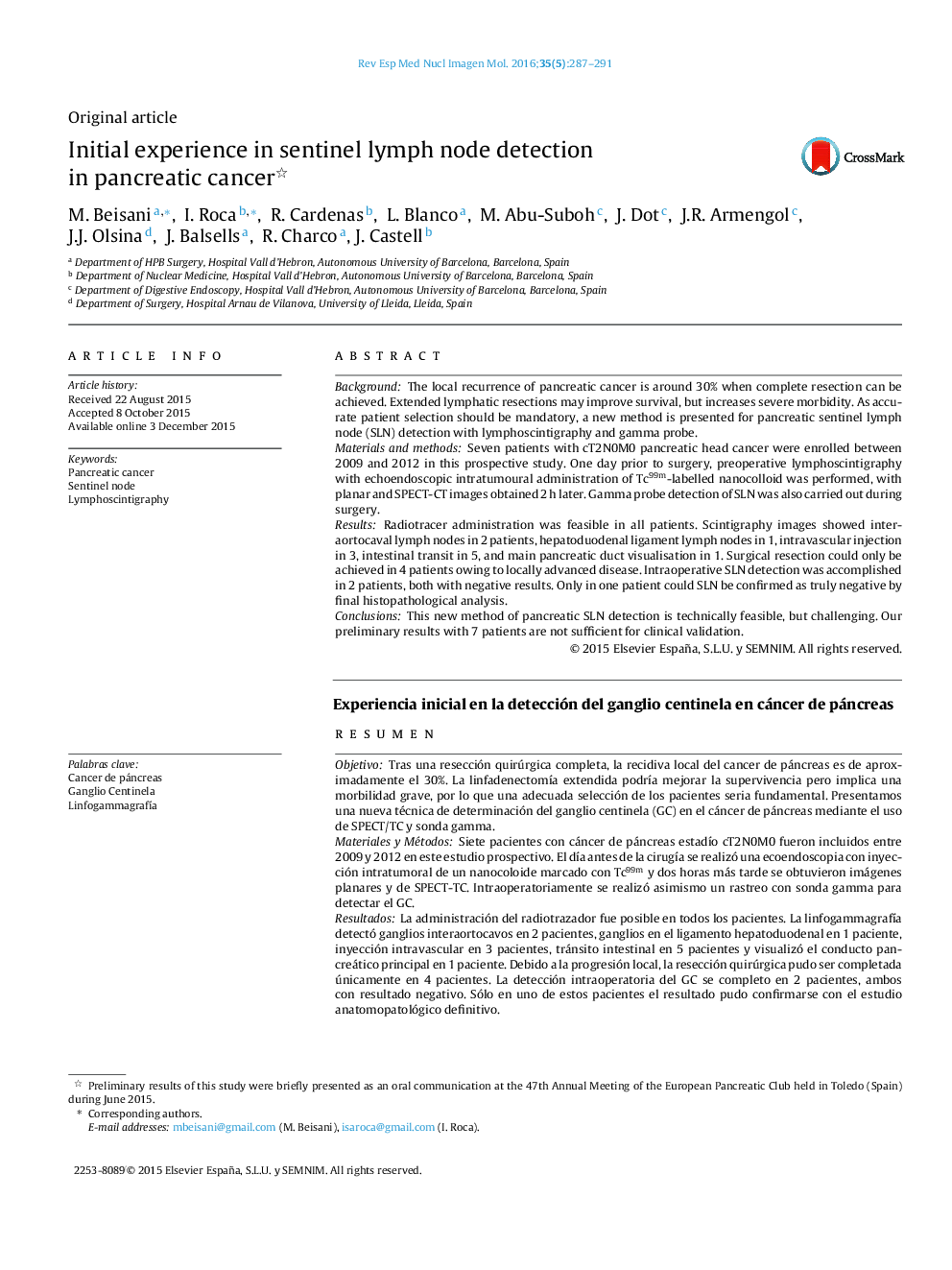 Initial experience in sentinel lymph node detection in pancreatic cancer 