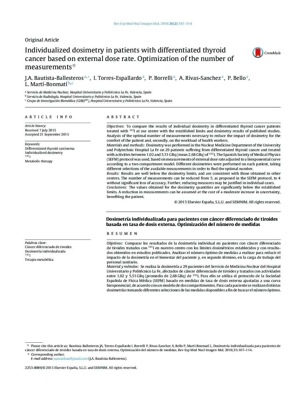 Individualized dosimetry in patients with differentiated thyroid cancer based on external dose rate. Optimization of the number of measurements 