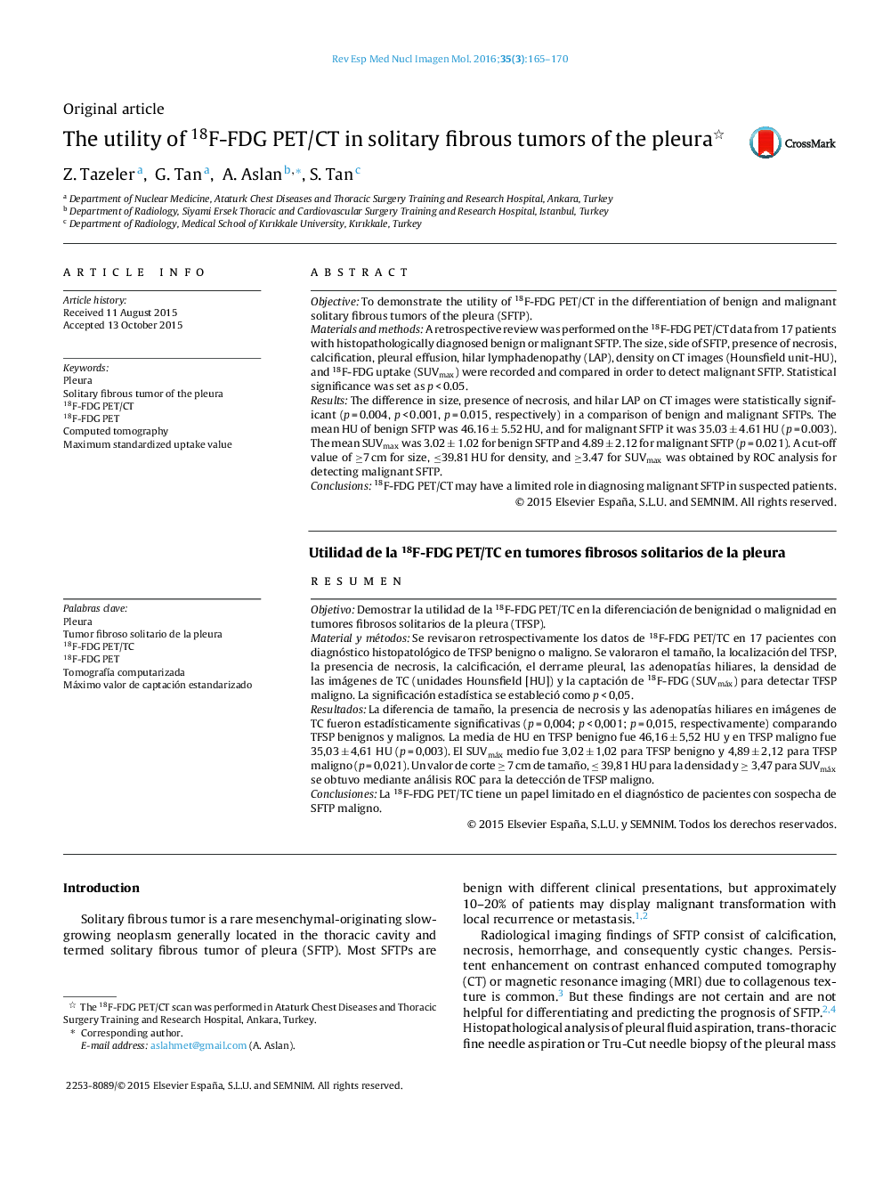 The utility of 18F-FDG PET/CT in solitary fibrous tumors of the pleura 