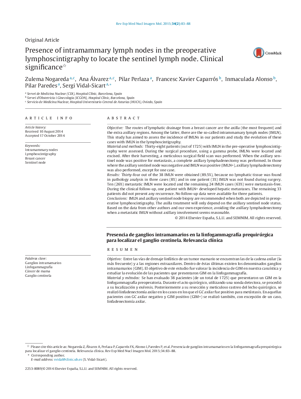 Presence of intramammary lymph nodes in the preoperative lymphoscintigraphy to locate the sentinel lymph node. Clinical significance 