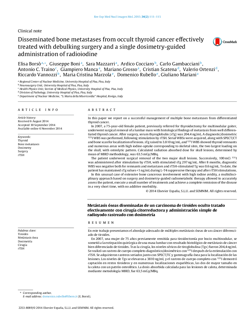 Disseminated bone metastases from occult thyroid cancer effectively treated with debulking surgery and a single dosimetry-guided administration of radioiodine