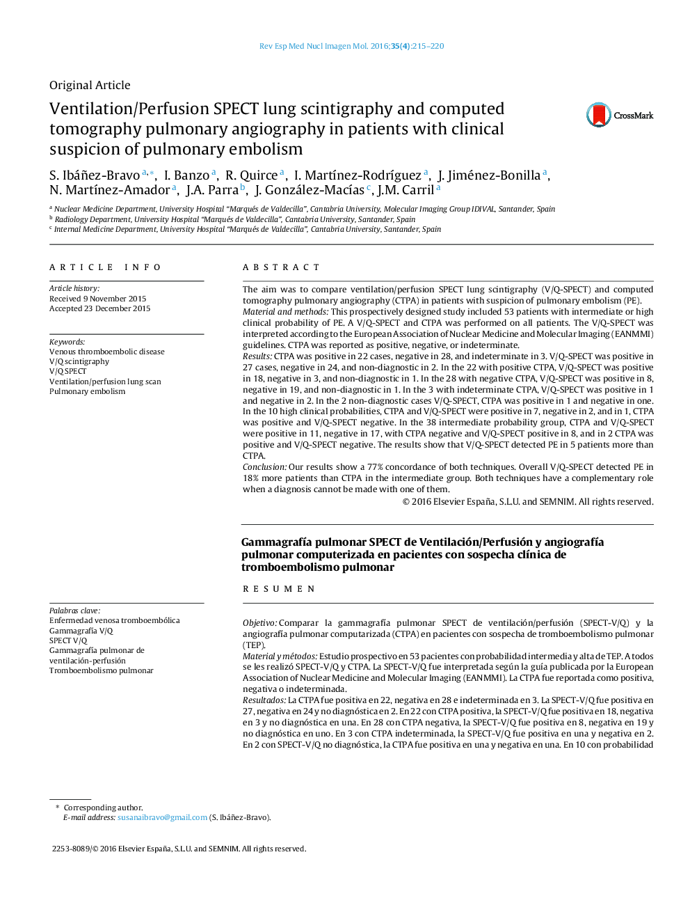 Ventilation/Perfusion SPECT lung scintigraphy and computed tomography pulmonary angiography in patients with clinical suspicion of pulmonary embolism