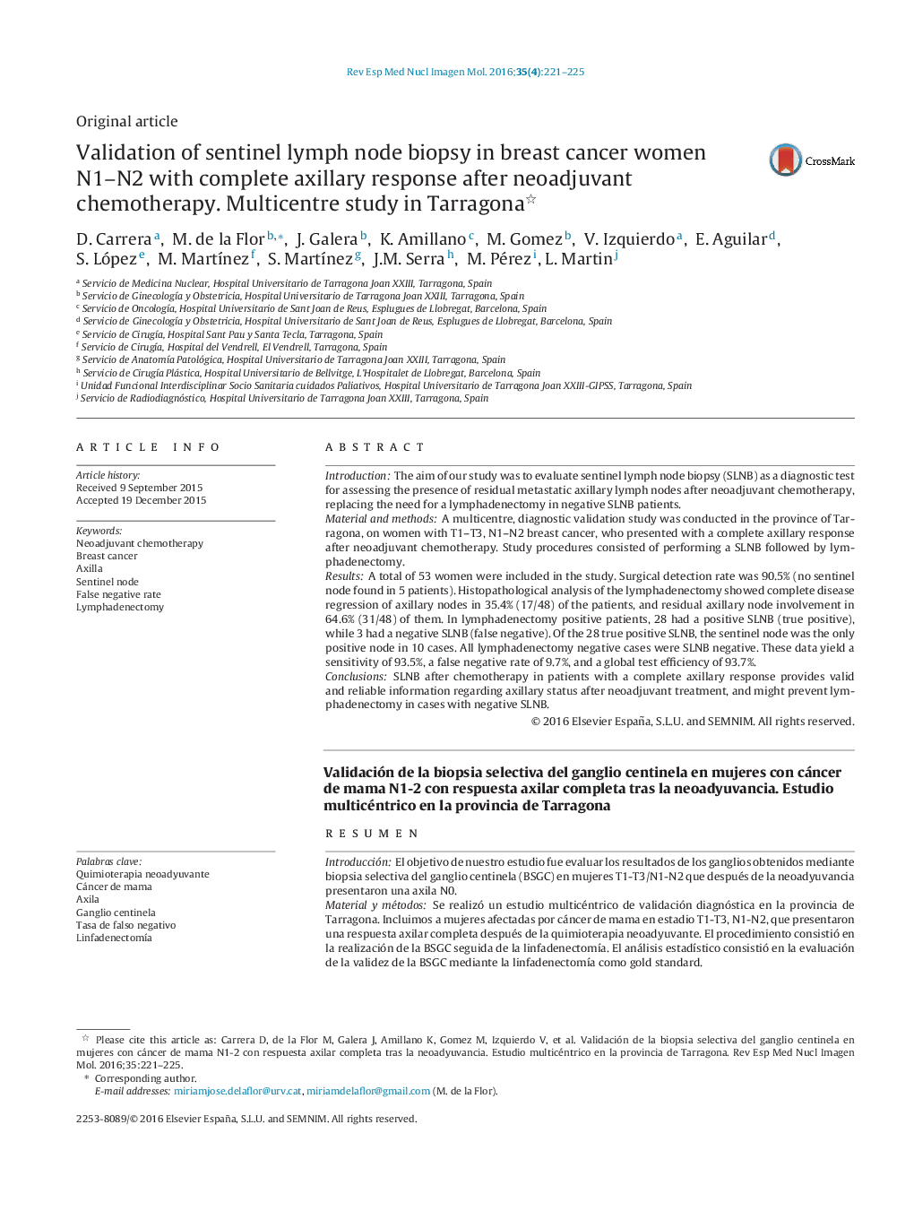 Validation of sentinel lymph node biopsy in breast cancer women N1–N2 with complete axillary response after neoadjuvant chemotherapy. Multicentre study in Tarragona 