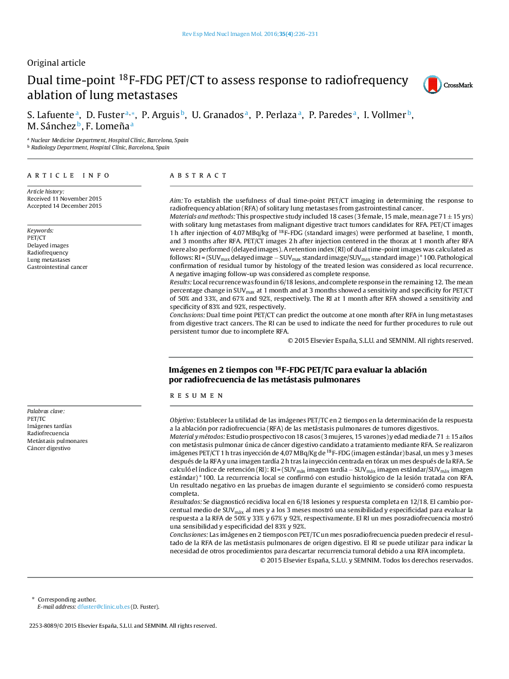 Dual time-point 18F-FDG PET/CT to assess response to radiofrequency ablation of lung metastases