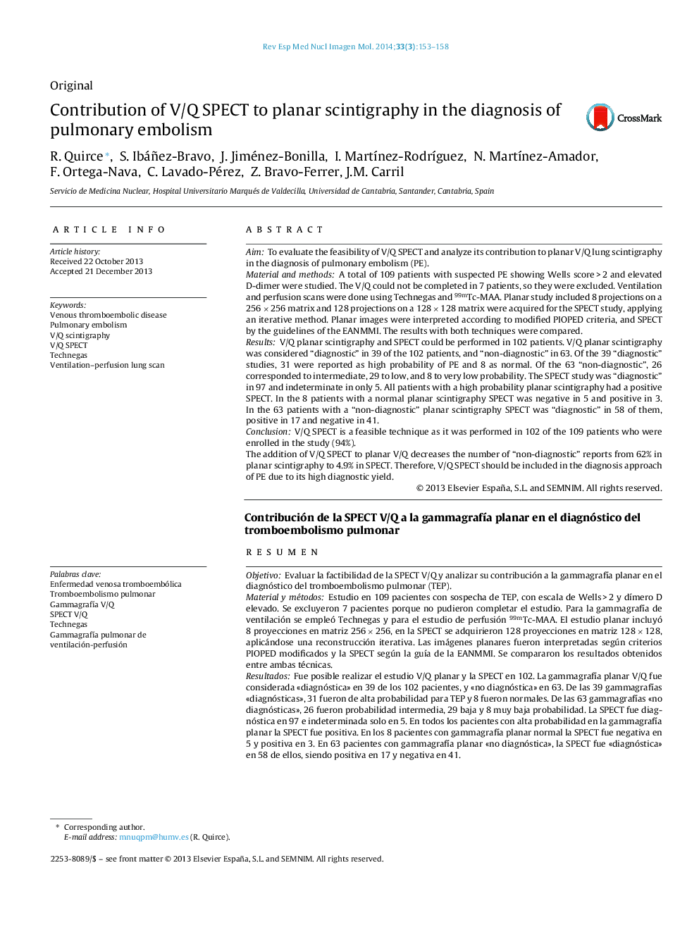 Contribution of V/Q SPECT to planar scintigraphy in the diagnosis of pulmonary embolism