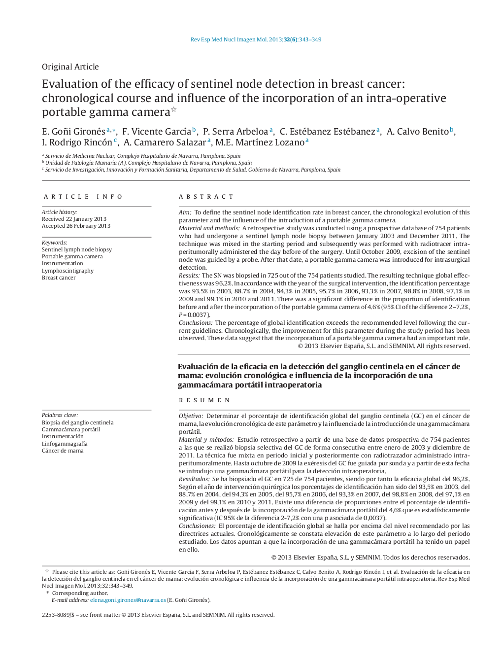 Evaluation of the efficacy of sentinel node detection in breast cancer: chronological course and influence of the incorporation of an intra-operative portable gamma camera