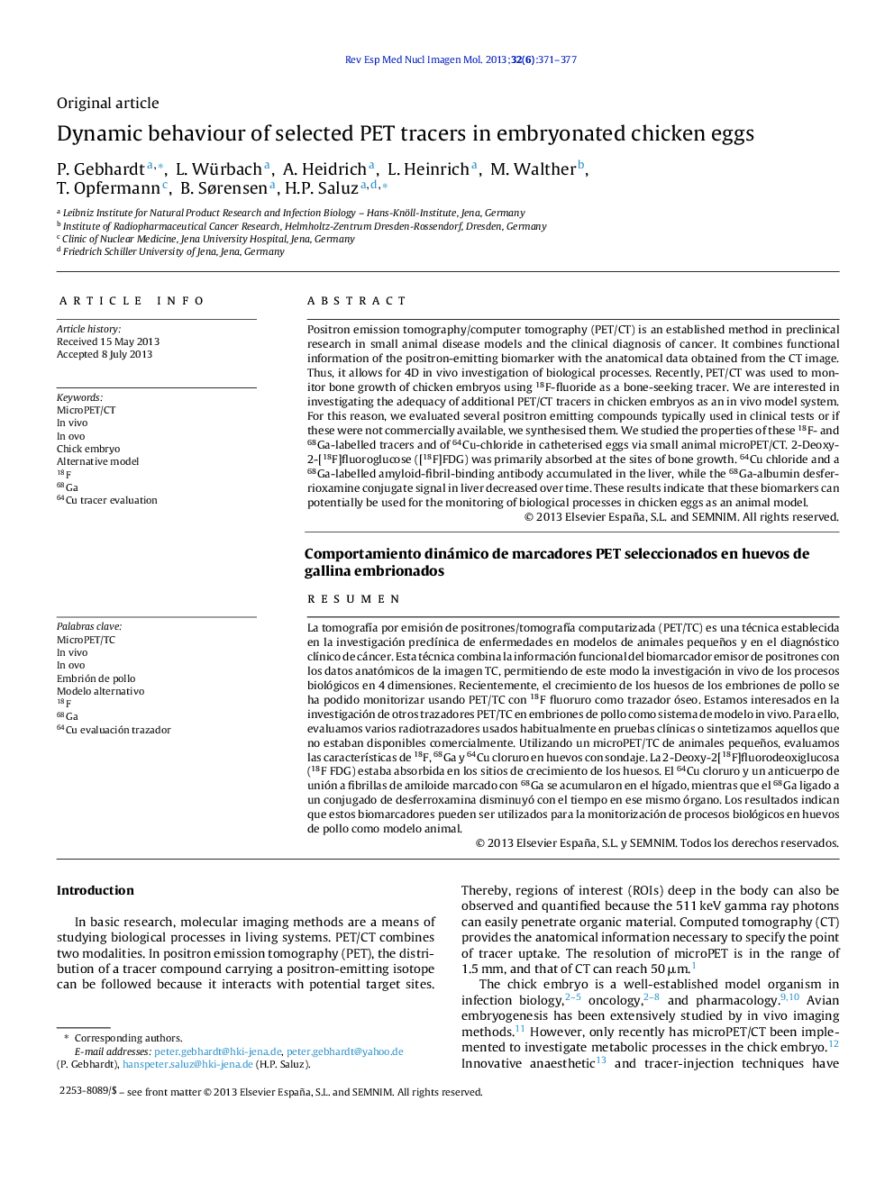 Dynamic behaviour of selected PET tracers in embryonated chicken eggs