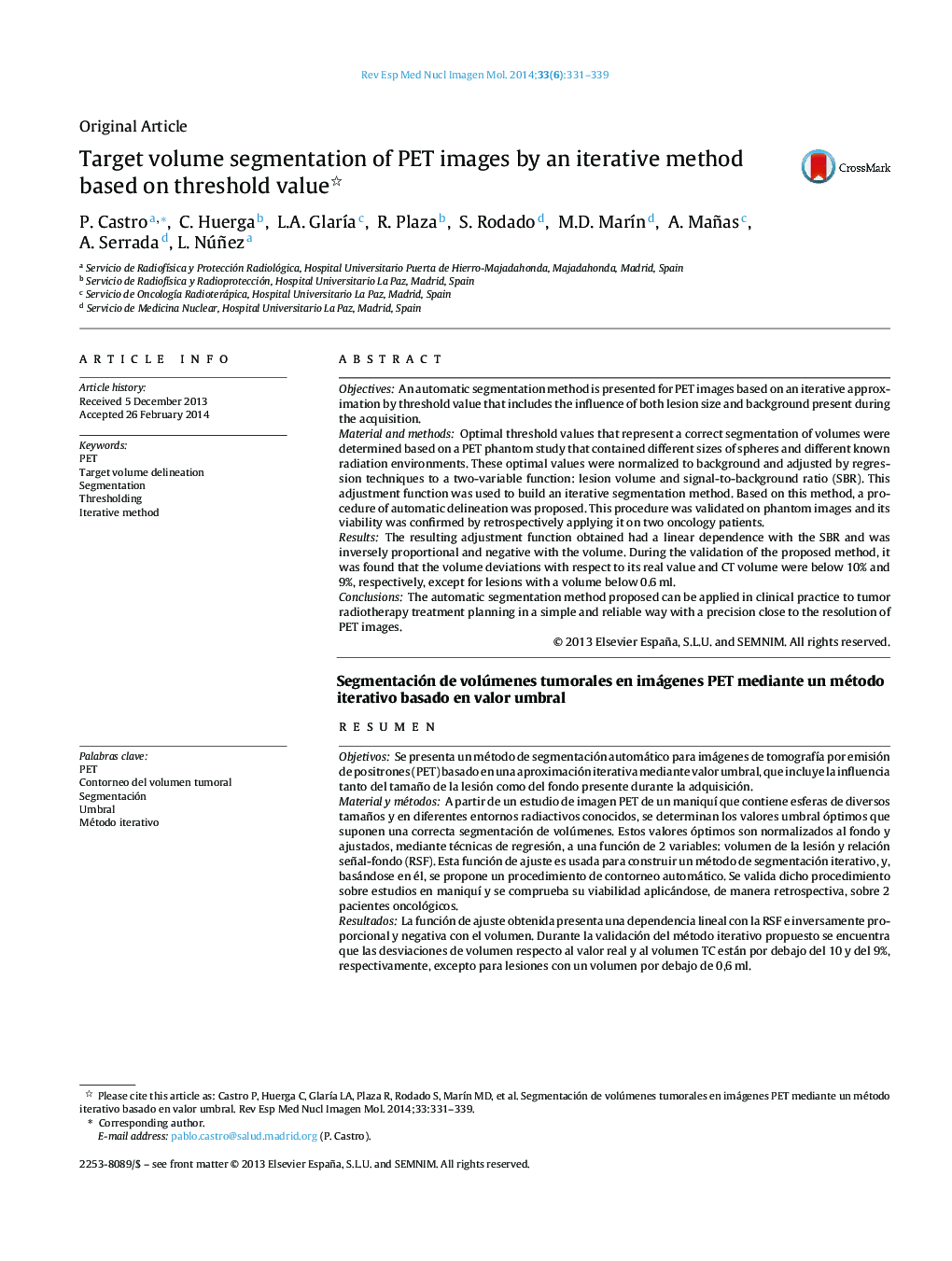 Target volume segmentation of PET images by an iterative method based on threshold value 