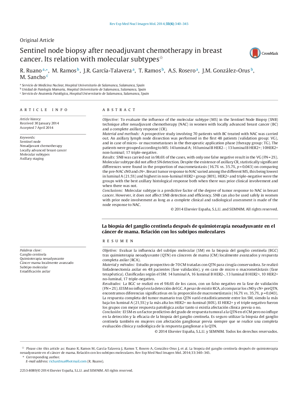 Sentinel node biopsy after neoadjuvant chemotherapy in breast cancer. Its relation with molecular subtypes