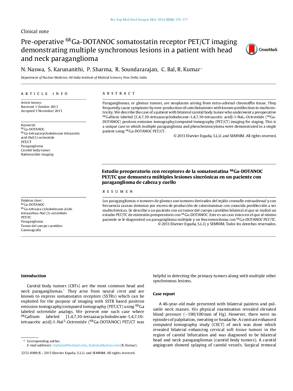 Pre-operative 68Ga-DOTANOC somatostatin receptor PET/CT imaging demonstrating multiple synchronous lesions in a patient with head and neck paraganglioma