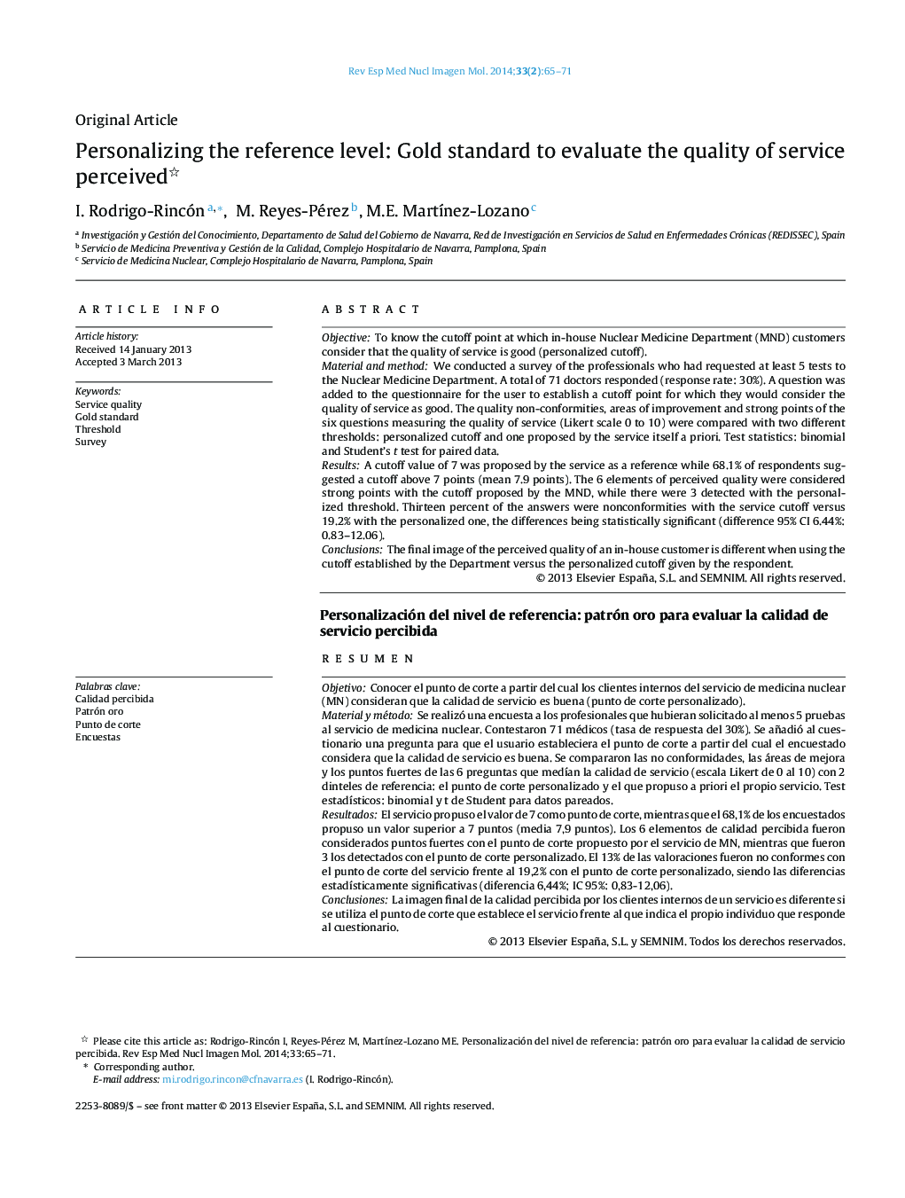 Personalizing the reference level: Gold standard to evaluate the quality of service perceived