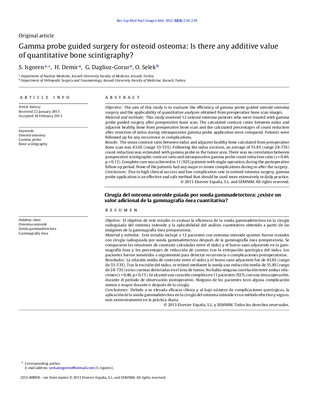 Gamma probe guided surgery for osteoid osteoma: Is there any additive value of quantitative bone scintigraphy?