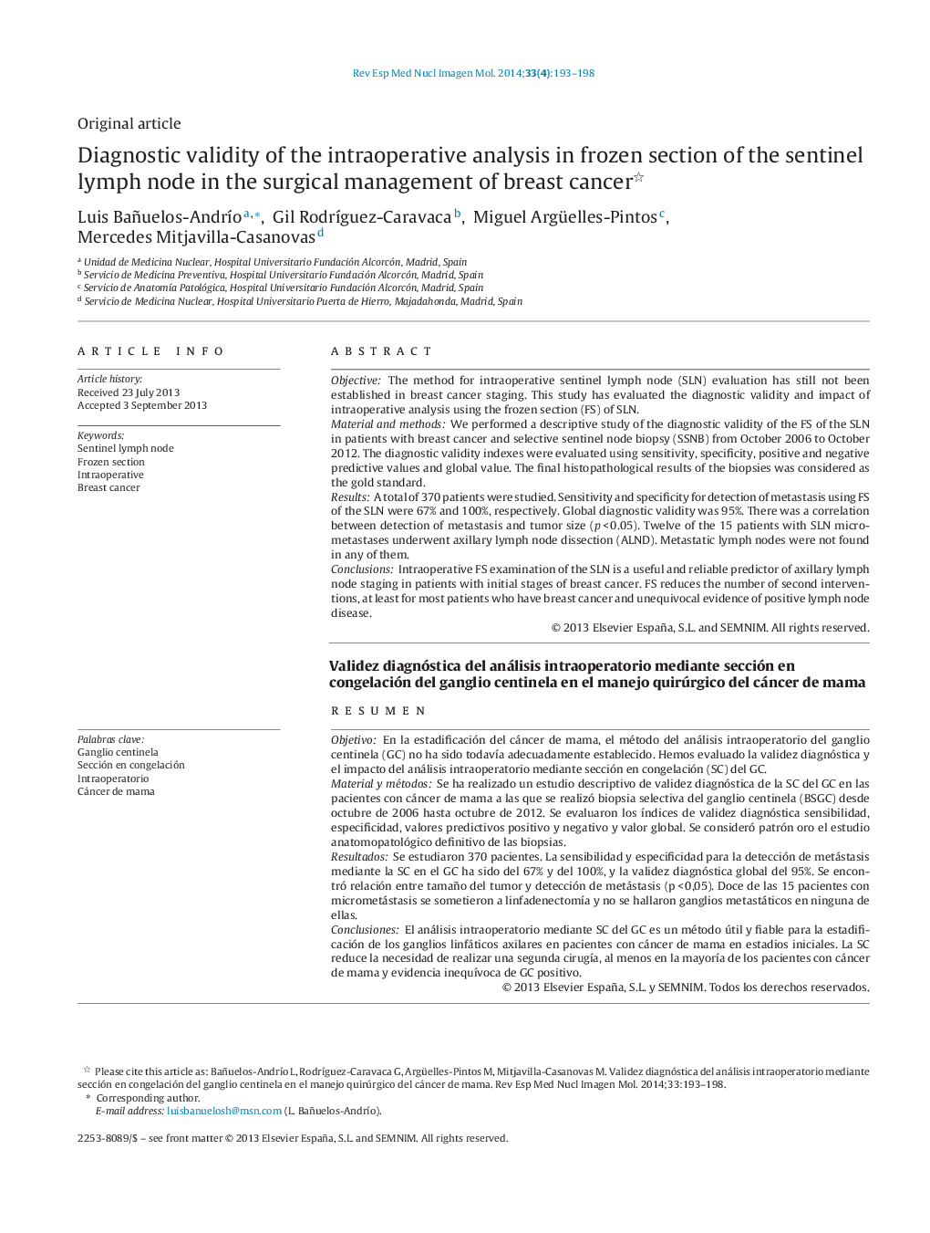 Diagnostic validity of the intraoperative analysis in frozen section of the sentinel lymph node in the surgical management of breast cancer 