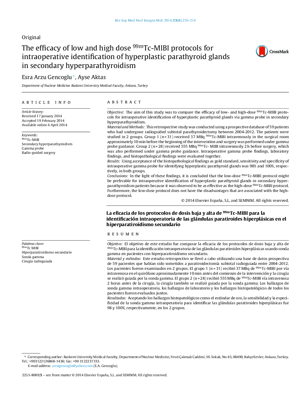 The efficacy of low and high dose 99mTc-MIBI protocols for intraoperative identification of hyperplastic parathyroid glands in secondary hyperparathyroidism