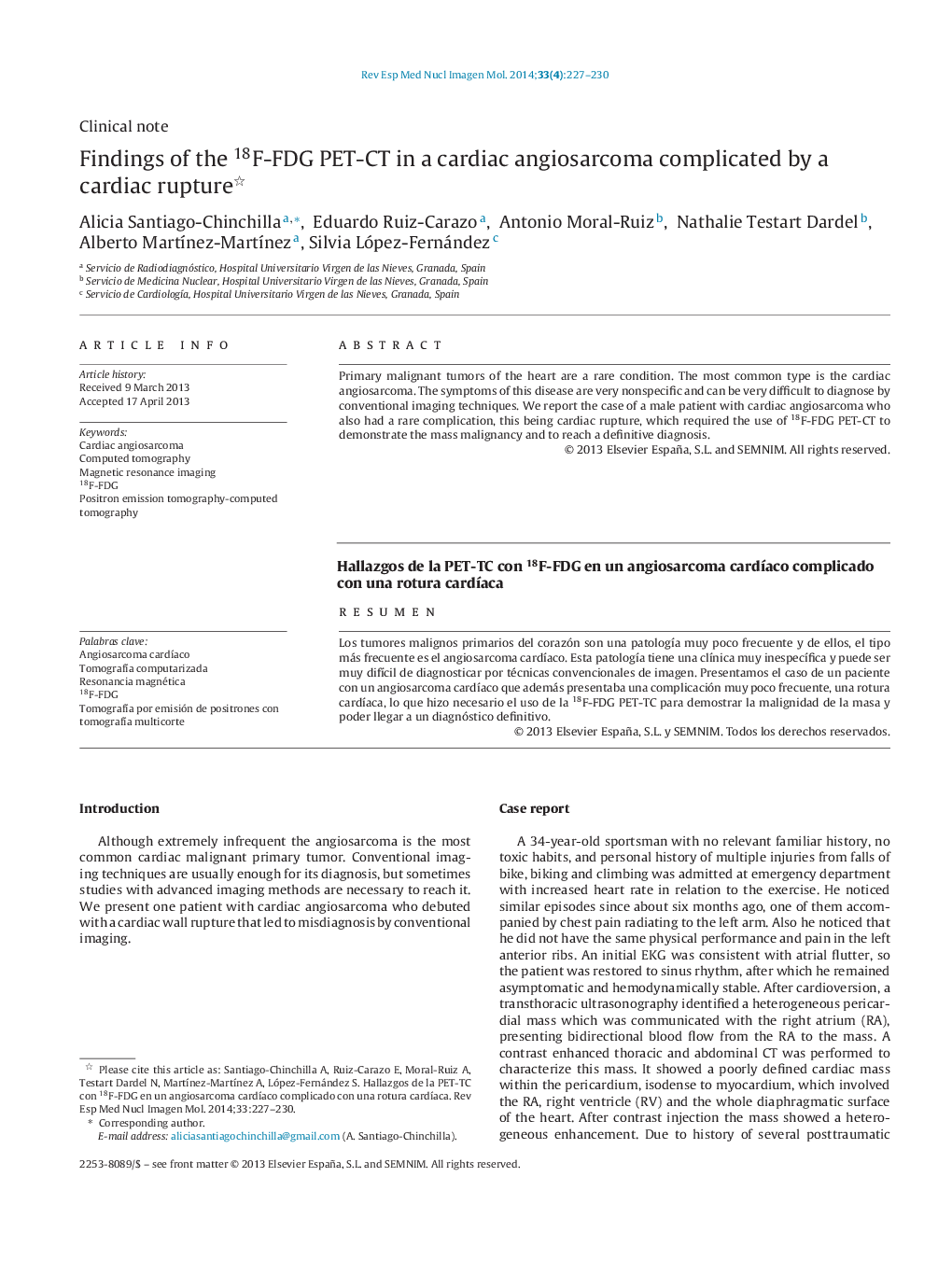 Findings of the 18F-FDG PET-CT in a cardiac angiosarcoma complicated by a cardiac rupture